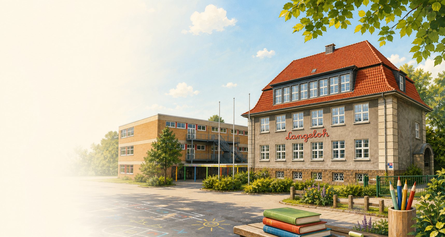Illustration der Langeloh-Grundschule mit Altbau und modernem Schulgebäude